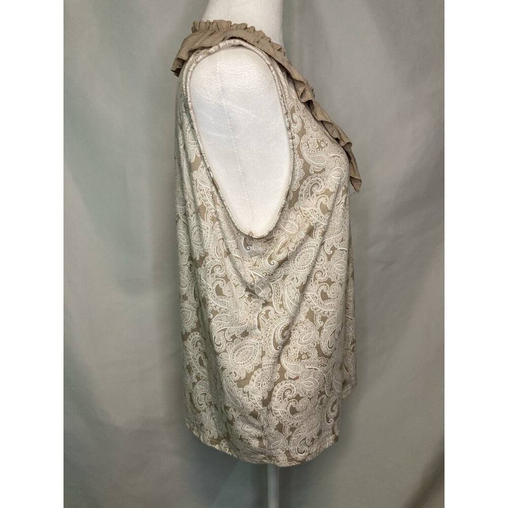 Womens L Sleeveless Tunic Beige Ruffle V-Neck Paisley Blouse Top Granny Cottage - Picture 3 of 9